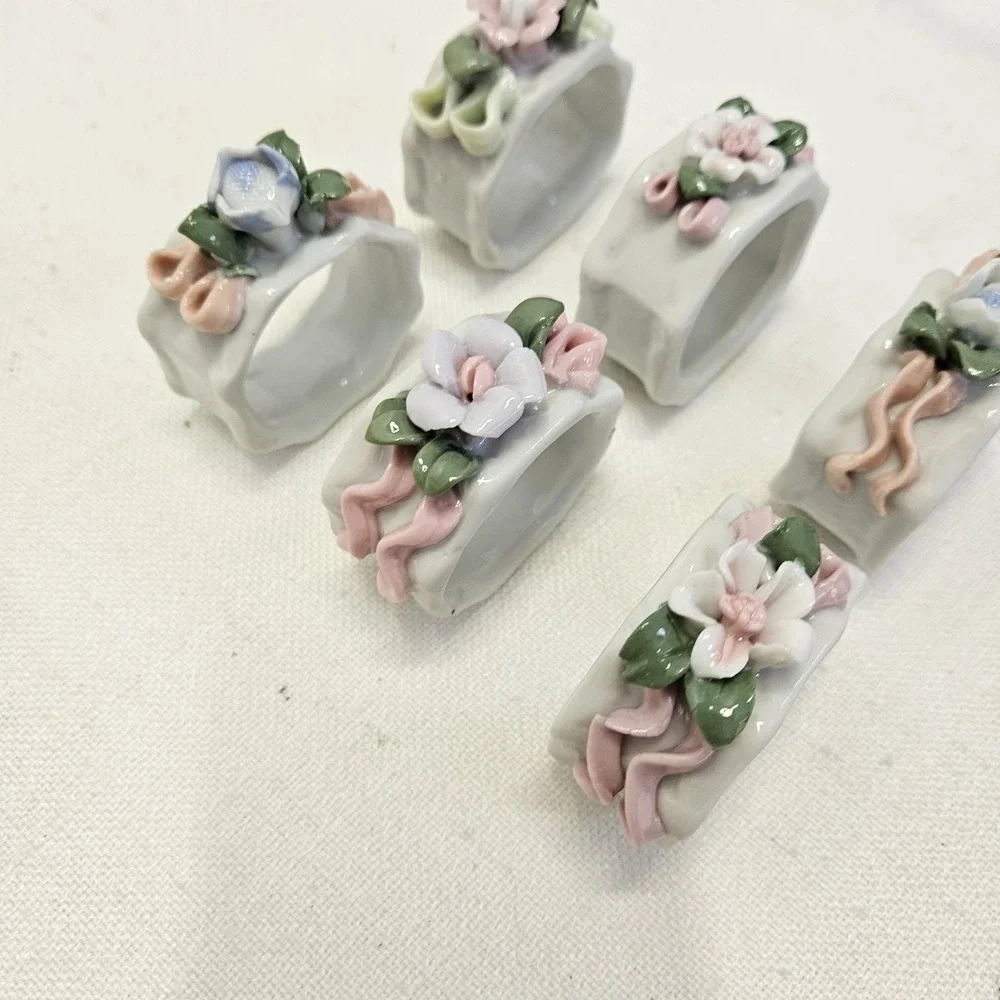 Vintage VTG Napkin Rings Set of 6 White Floral Porcelain Table Decor Cottagecore